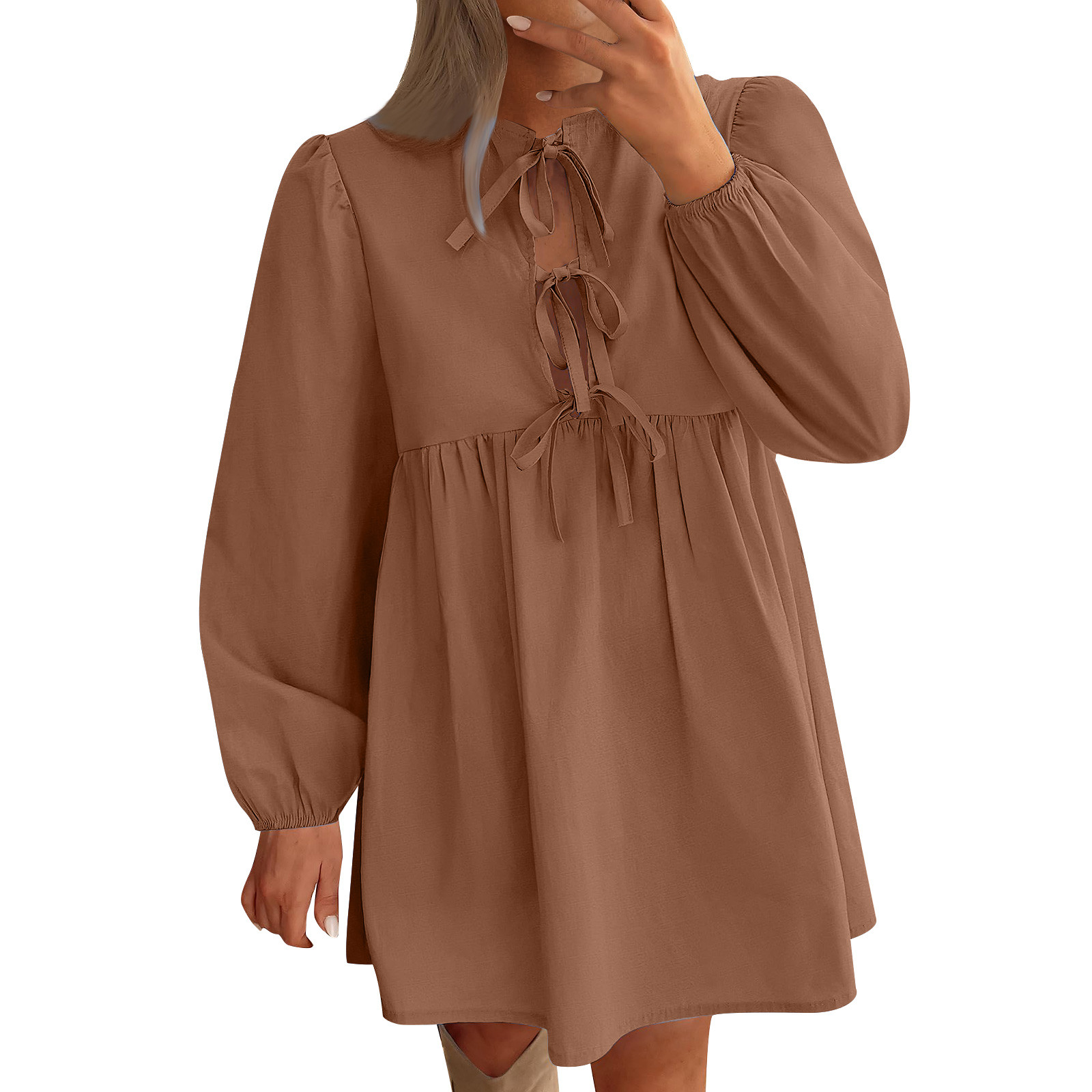 Women's Dress Fall Long Puff Sleeve Bow Tie Front Babydoll A Line Pleated Cute Mini Tunic Dresses Y2K Peplum Dress